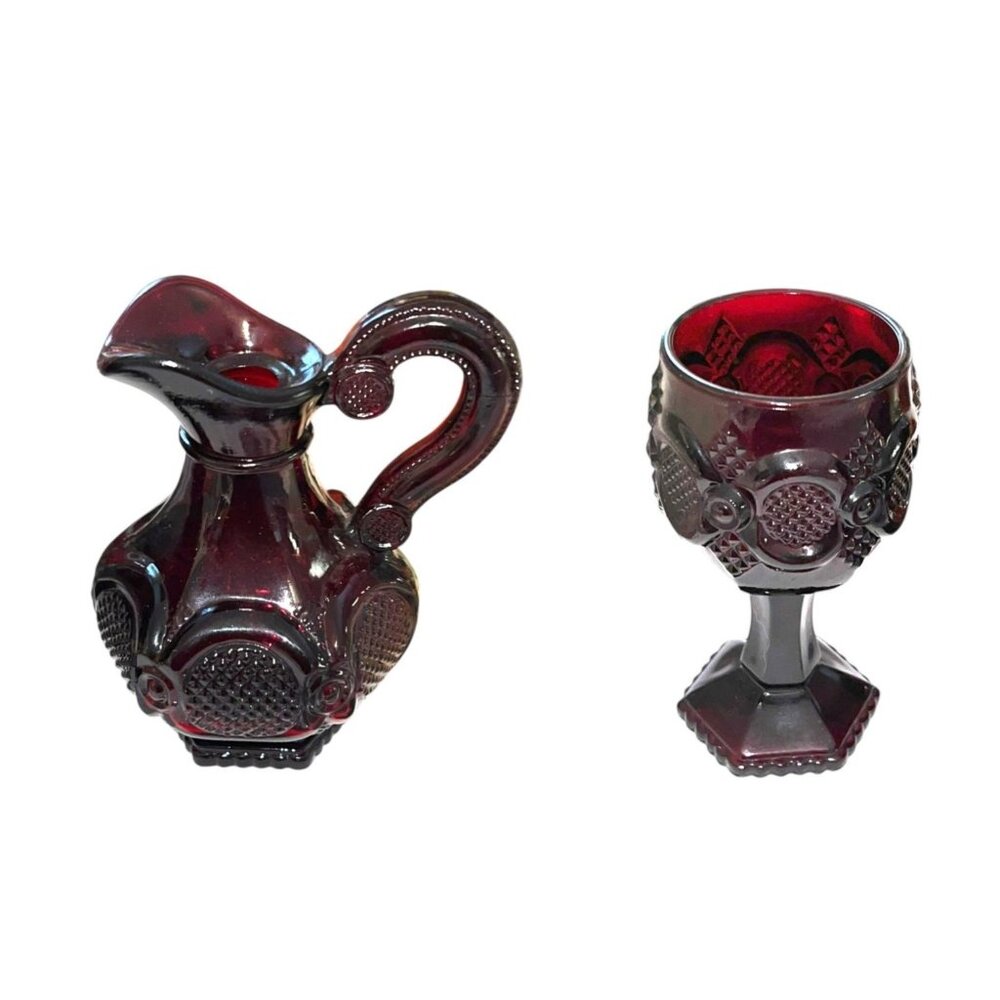 Vintage Avon 1876 Cape Cod Ruby Red Glass Creamer & Cordial Lot